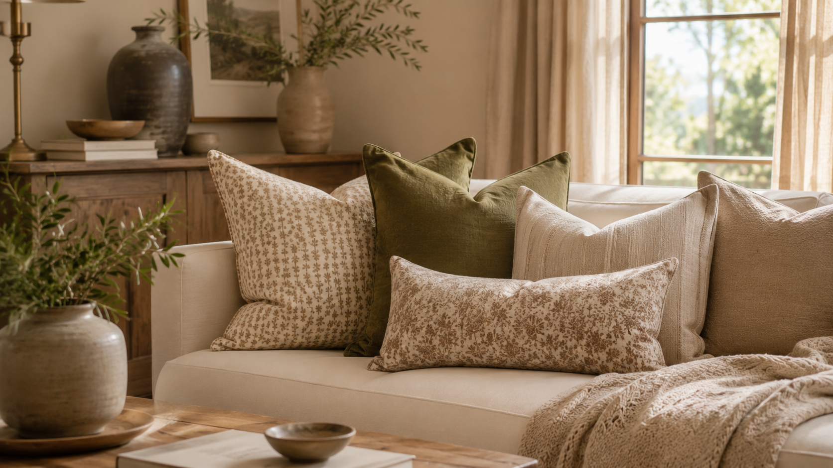 A softly lit living room styled with layered pillows